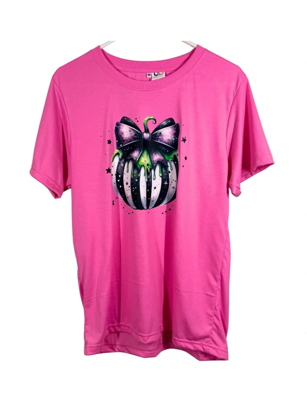 Pink Halloween Pumpkin Bow Graphic Tee - M